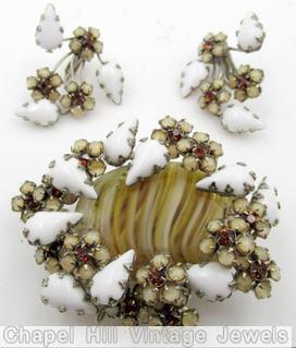 Schreiner large marbled stone wrapped by 21 branch 12 flower branch 9 white teardrop branch white chalk brown art glass moonglow ivory coral jewelry