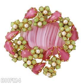Schreiner large marbled stone wrapped by 21 branch white striped pink large oval cab apple green faux pearl moonglow pink goldtone jewelry