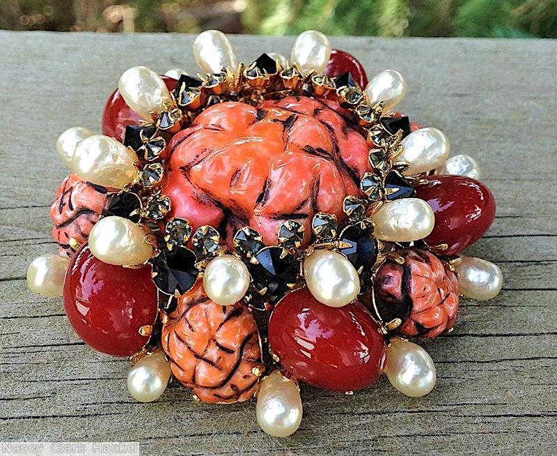 Schreiner large moon rock center domed radial pin 20 faux pearl 5 moon rock side 10 swirled large oval cab carnelian large oval cab coral moon rock jet inverted stone goldtone jewelry