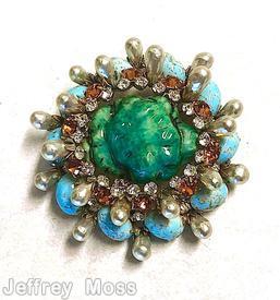 Schreiner large moon rock center domed radial pin 20 faux pearl 5 moon rock side 10 swirled large oval cab turquoise faux pearl emerald moon rock  clear champgne inverted chaton crystal small chaton jewelry