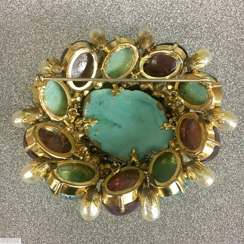 Schreiner large moon rock center domed radial pin 20 faux pearl 5 moon rock side 5 swirled large oval cab marbled amethyst peridot lavender turquoise jewelry