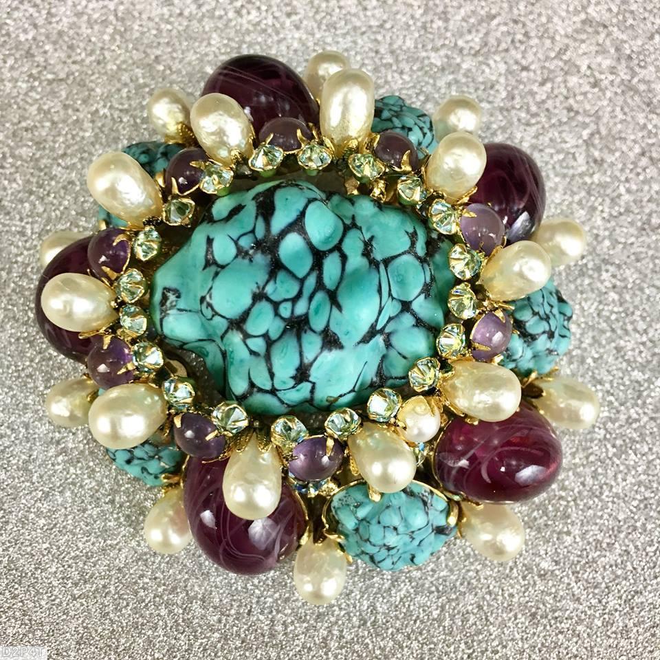 Schreiner large moon rock center domed radial pin 20 faux pearl 5 moon rock side 5 swirled large oval cab marbled amethyst peridot lavender turquoise jewelry