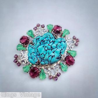 Schreiner large moon rock center radial pin metal deco 4 oval cab 8 teardrop 4 group 3 small chaton turquoise moon rock plum oval cab apple green teardrop silvertone jewelry