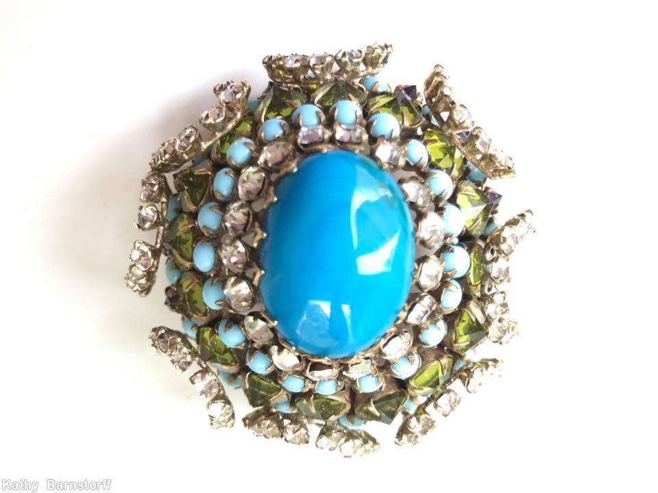 Schreiner large oval center 4 rounds oval domed pin 4 chaton in a row deco marbled aqua crystal peridot aqua jewelry