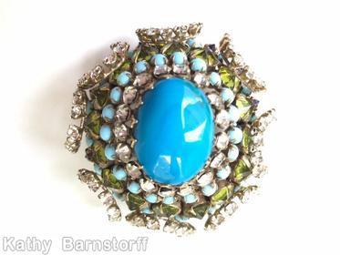 Schreiner large oval center 4 rounds oval domed pin 4 chaton in a row deco marbled aqua crystal peridot aqua jewelry