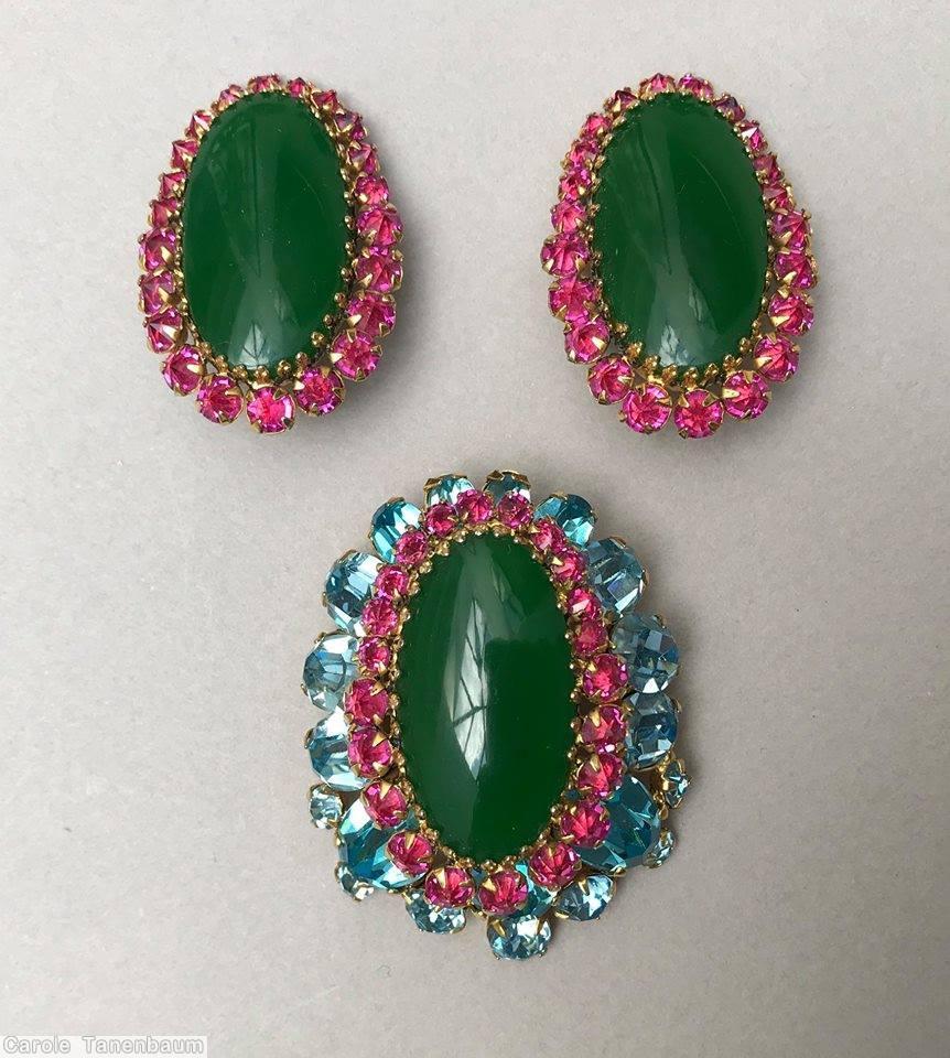 Schreiner large oval center teardrop shaped pin varied size oval cab inverted stone 1 round around center pink aqua emerald goldtone jewelry