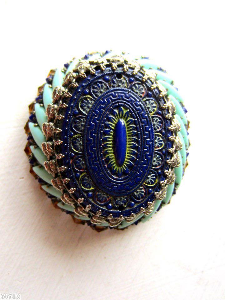 Schreiner large oval moroccan tile high domed oval pin 2 rounds swirled navette lapis opaque green goldtone jewelry