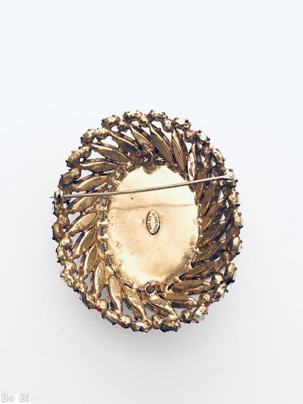 Schreiner large oval moroccan tile high domed oval pin 2 rounds swirled navette red small chaton milkwhite slim navette yellow blue moroccan tile goldtone jewelry