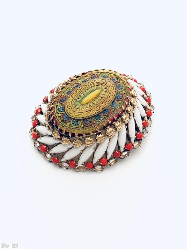 Schreiner large oval moroccan tile high domed oval pin 2 rounds swirled navette red small chaton milkwhite slim navette yellow blue moroccan tile goldtone jewelry