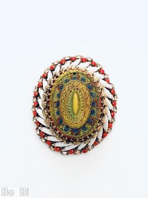 Schreiner large oval moroccan tile high domed oval pin 2 rounds swirled navette red small chaton milkwhite slim navette yellow blue moroccan tile goldtone jewelry