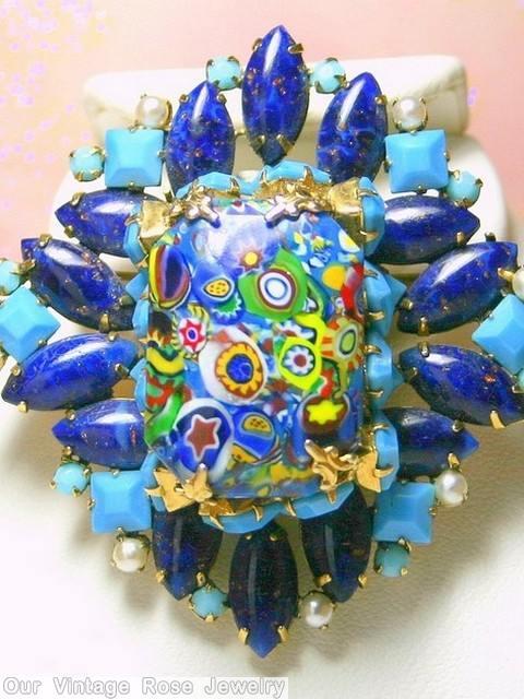 Schreiner large rectangle millefiori stone center 2 level square pin 14 navette surrounding lapis aqua faux pearl jewelry