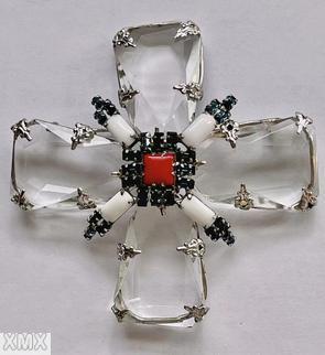 Schreiner large rectangle stone 2 level cross pin 4 slim baguette branch hook eye large faceted crystal teardrop milk white baguette jet chaton opaque red square stone silvertone jewelry