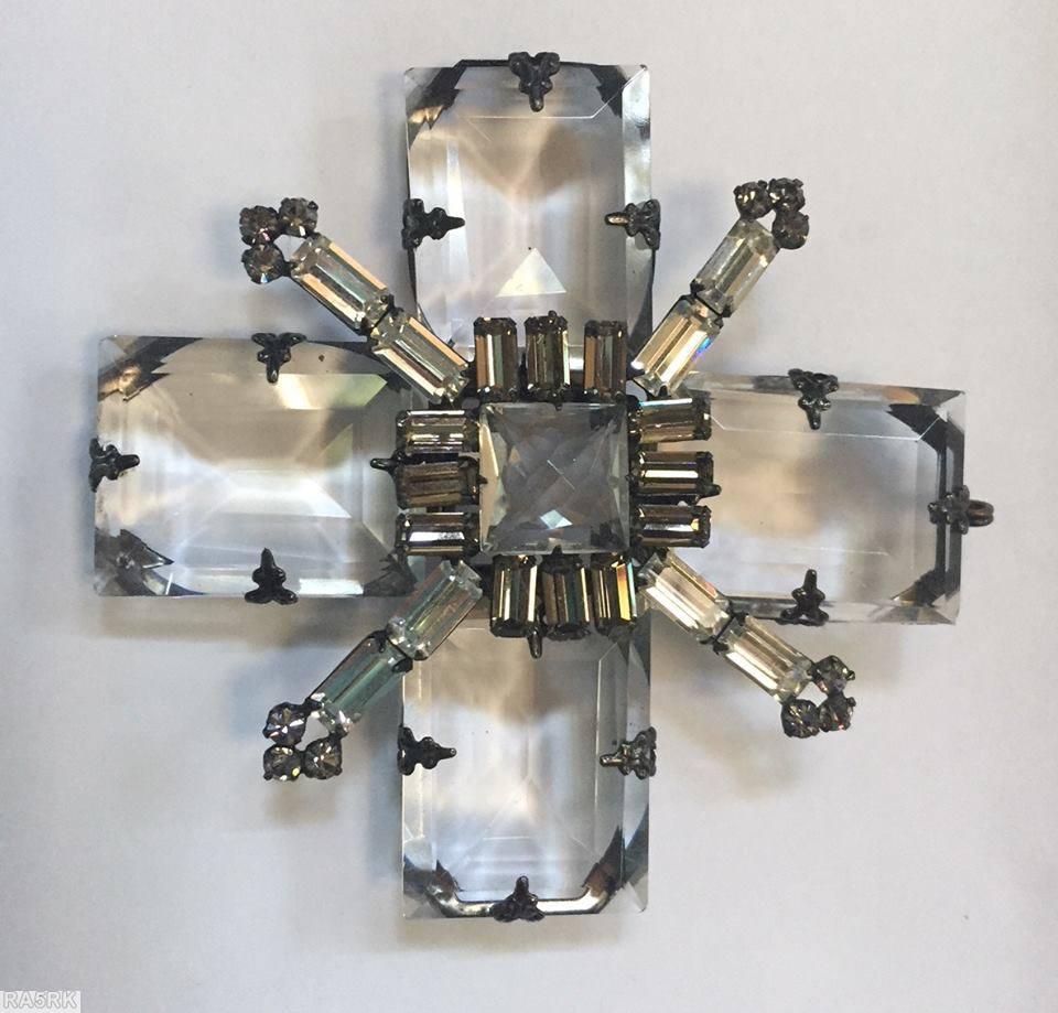 Schreiner large rectangle stone 2 level cross pin 4 slim baguette branch hook eye large faceted rectangle crystal smoke jewelry