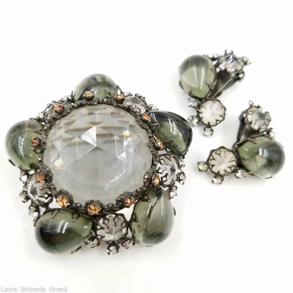 Schreiner large round open back rose cut center pentagram pin 5 corner stone large crystal center stone swirled smoke teardrop amber crystal inverted jewelry