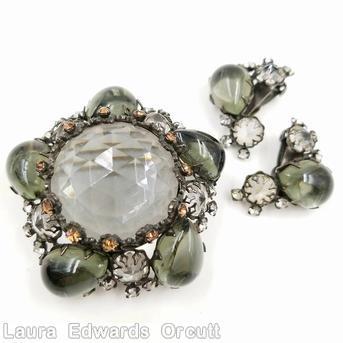 Schreiner large round open back rose cut center pentagram pin 5 corner stone large crystal center stone swirled smoke teardrop amber crystal inverted jewelry