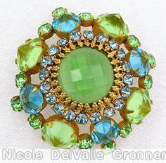 Schreiner large round stone center high domed round pin 8 pointy stone side celery green clear aqua ice blue goldtone jewelry