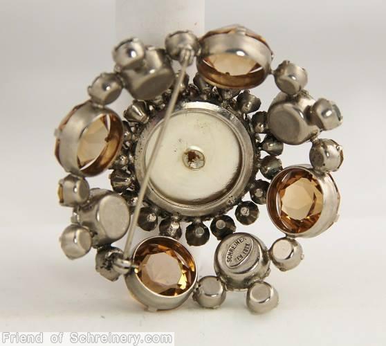Schreiner large round stone center high domed round pin 8 pointy stone side large round faux pearl crystal champagne smoke jewelry