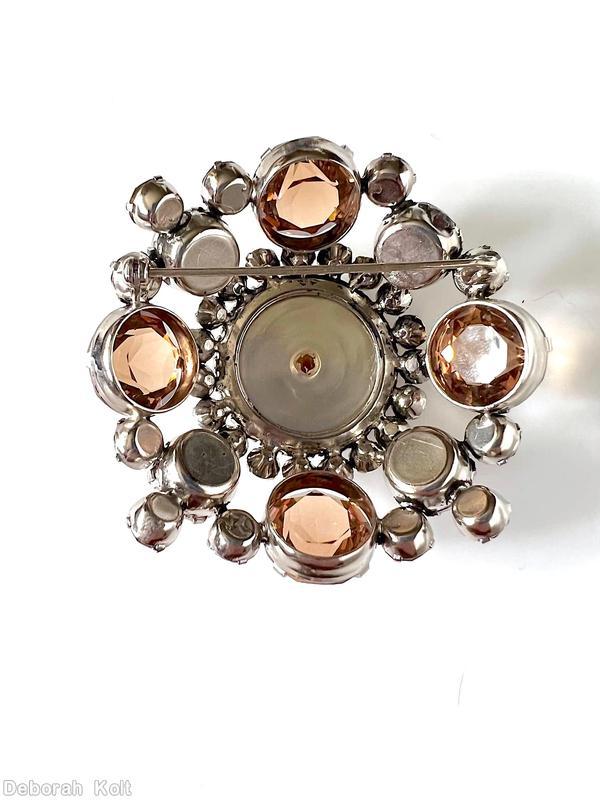 Schreiner large round stone center high domed round pin 8 pointy stone side large round faux pearl crystal champagne smoke jewelry