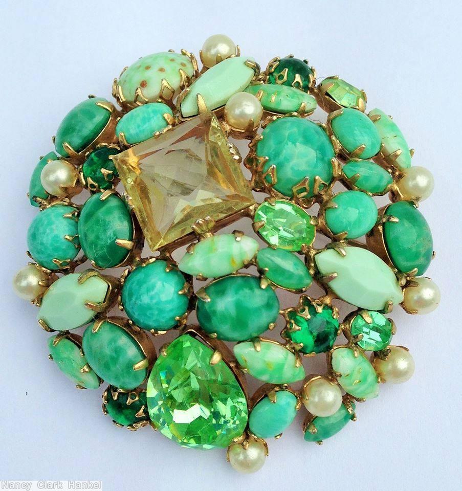 Schreiner large square stone end of day domed round pin marbled emerald green opaque pale green faux pearl jewelry