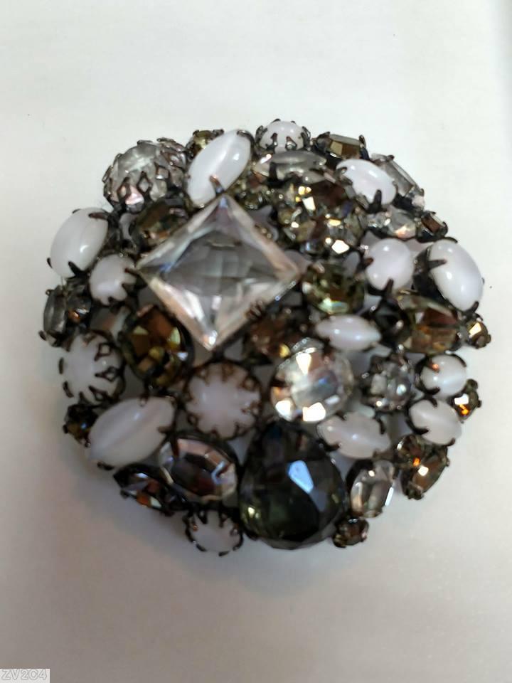 Schreiner large square stone end of day domed round pin moonglow white crystal smoke jewelry