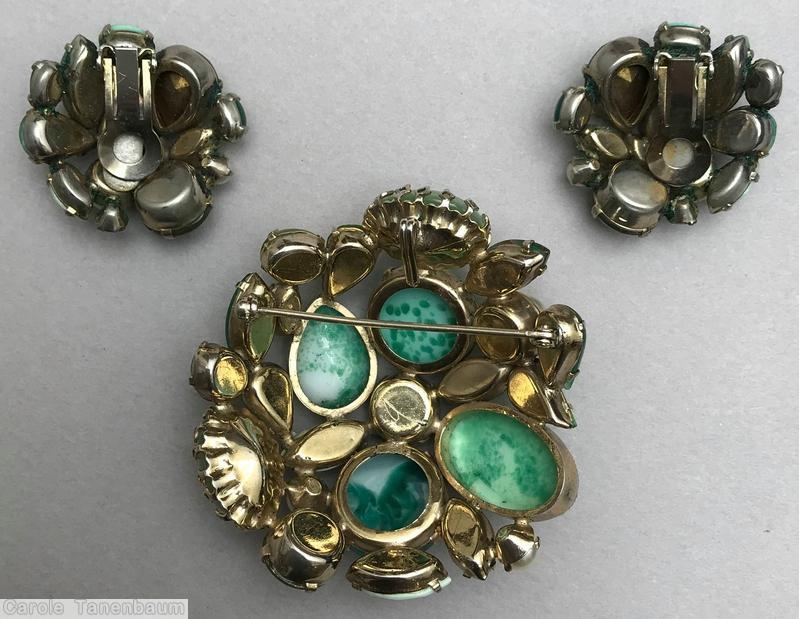 Schreiner large stone round domed end of day pin 6 large stone speckled green marbled emerald celery faux pearl opaque green navette jewelry