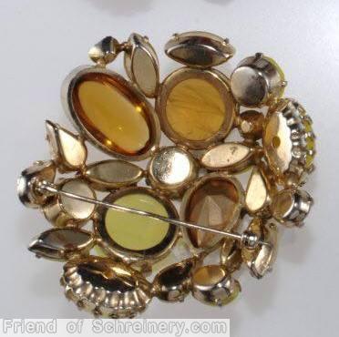 Schreiner large stone round domed end of day pin lime crystal moonglow ice yellow amber moonglow yellow jewelry