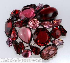 Schreiner large stone round domed end of day pin ruby clear pink dark red jewelry