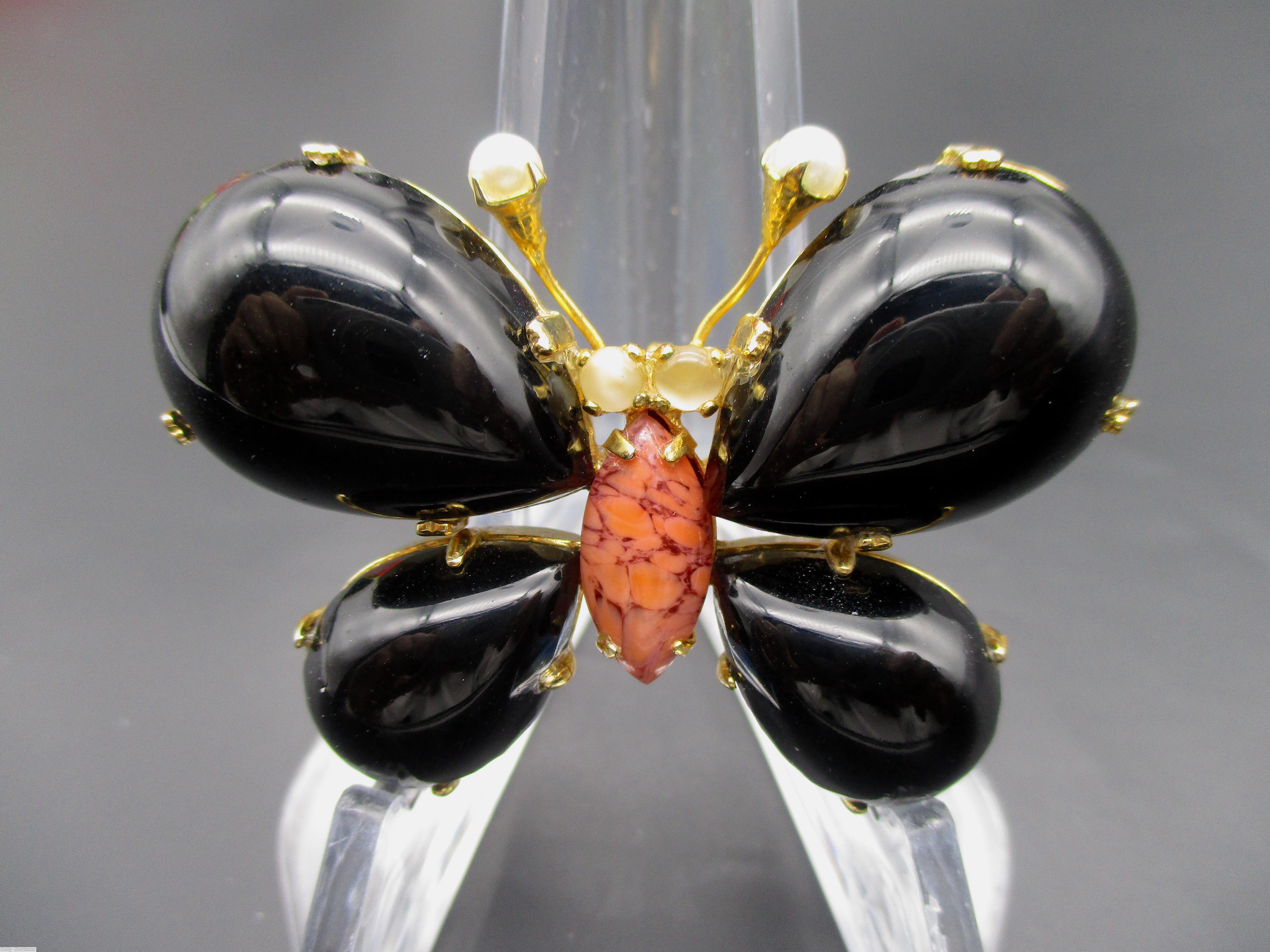 Schreiner large teardrop wing butterfly 4 teardrop 1 large navette body 2 small chaton eye 2 long stem antenna small chaton top jet teardrop wing matrix coral large navette moonglow small chaton goldtone jewelry