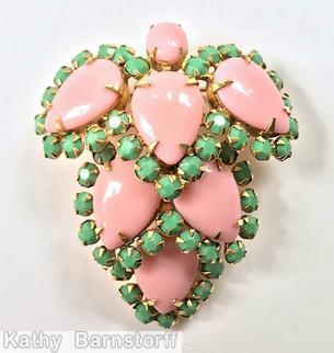 Schreiner leaf shaped 6 large teardrop pin bordered by small chaton 1 small round cab pink opaque large teardrop opaque apple green small chaton goldtone jewelry