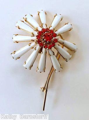 Schreiner long stem 12 keystone radial flower pin small chaton center 12 surrounding small chaton milkwhite keystone ruby chaton goldtone jewelry