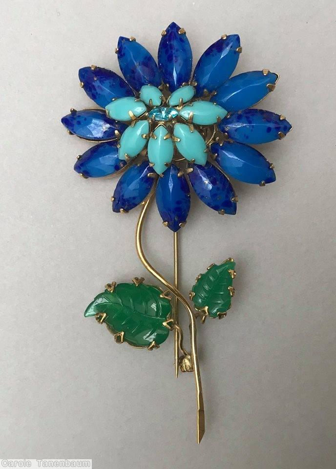 Schreiner long stem 2 level flower pin 2 carved leaf 7 navette top 12 navette bottom blue aqua green jewelry