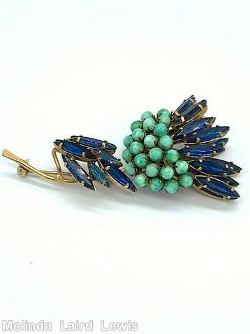 Schreiner long stem thistle pin 6 navette leaf inverted clustered half ball navette petal navy navette jade small round cab goldtone jewelry