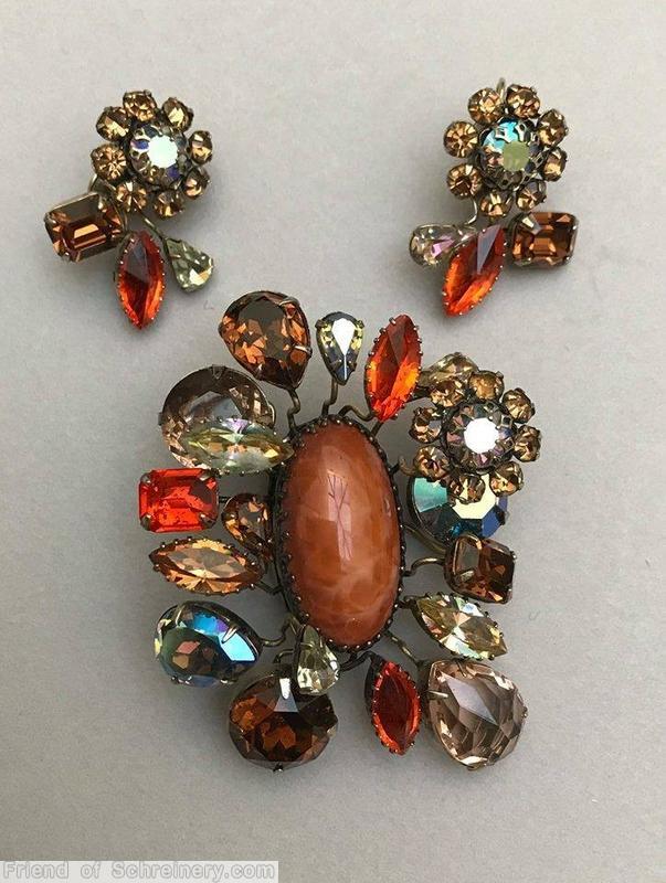 Schreiner many branch 1 flower sprawling large oval center pin coral marbled carnelian amber peach crystal jewelry