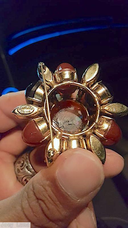 Schreiner mile high domed round pin 6 large oval side stone large round top stone 6 navette ruby jet large oval cab amber large rose cut center round stone faux pearl crystal navette jewelry