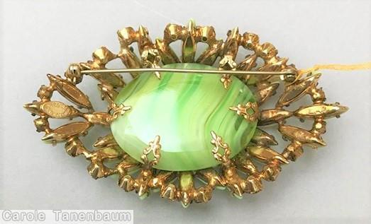 Schreiner navette covered top 2 level domed oval pin large oval cab center opaque apple green navette crystal faux pearl marbled apple green large oval art glass jewelry