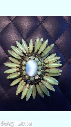 Schreiner navette ruffle pin hook eye domed oval center 2 rounds surrounding stone apple green navette peridot jewelry