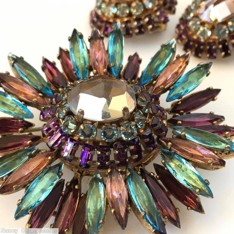 Schreiner navette ruffle pin hook eye domed oval center 2 rounds surrounding stone aqua plum peach large faceted crystal inverted clear aqua purple small baguette jewelry