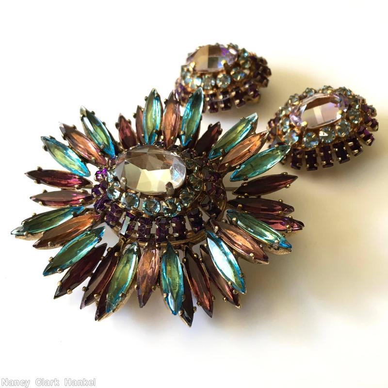 Schreiner navette ruffle pin hook eye domed oval center 2 rounds surrounding stone aqua plum peach large faceted crystal inverted clear aqua purple small baguette jewelry