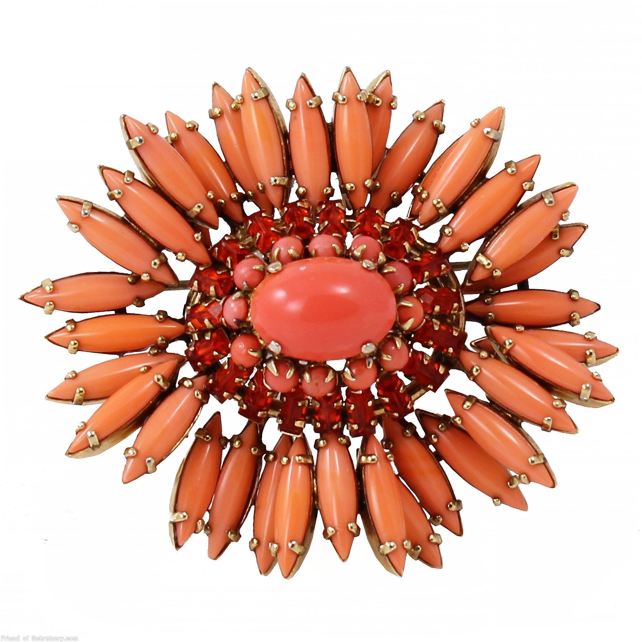 Schreiner navette ruffle pin hook eye domed oval center 2 rounds surrounding stone coral siam red small baguette goldtone jewelry