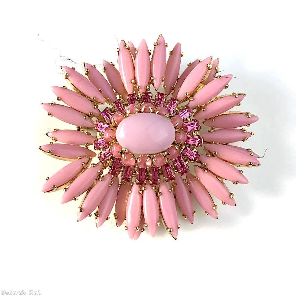 Schreiner navette ruffle pin hook eye domed oval center 2 rounds surrounding stone creamy pink navette creamy pink large oval cab center pink moonglow chaton fuschia small baguette goldtone jewelry