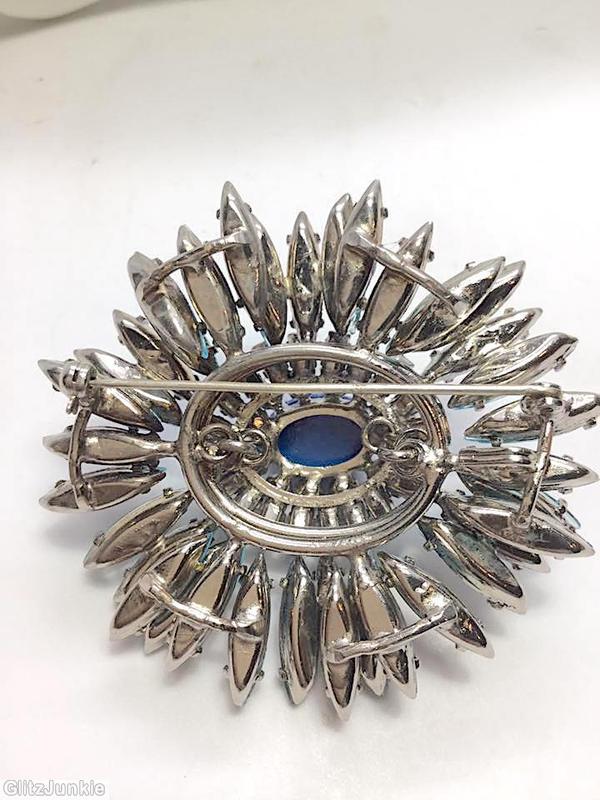 Schreiner navette ruffle pin hook eye domed oval center 2 rounds surrounding stone ice blue navette lapis blue oval cab center opaque baby blue chaton teal baguette silvertone jewelry