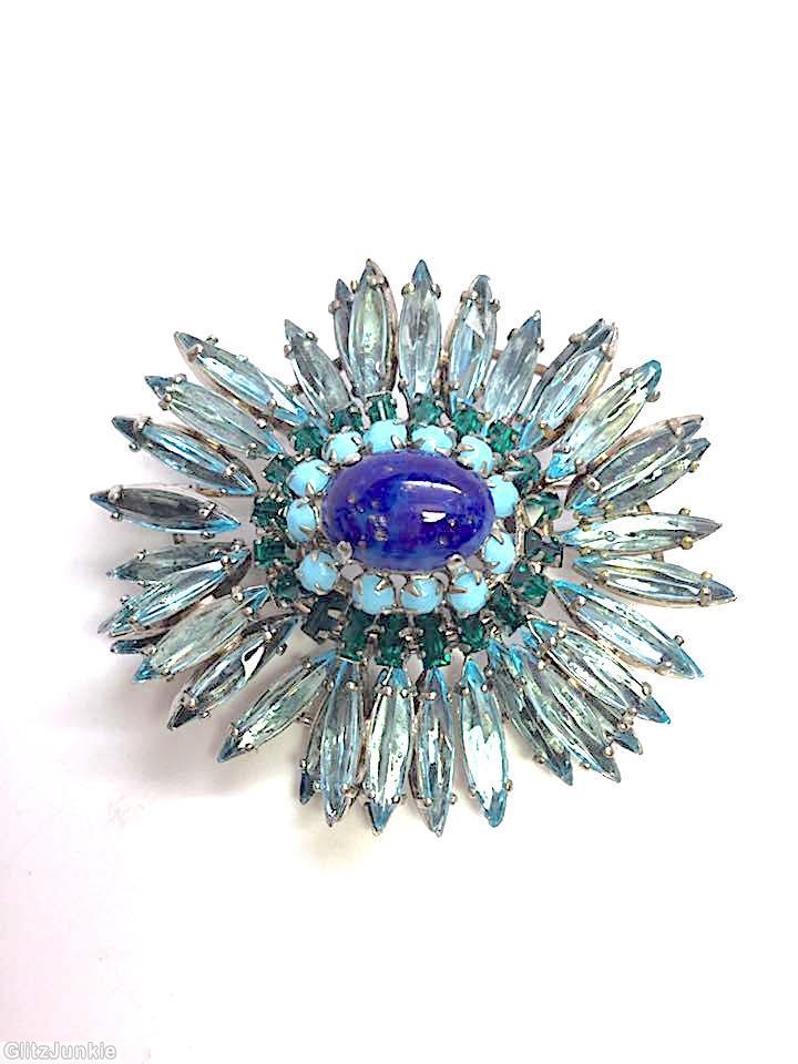 Schreiner navette ruffle pin hook eye domed oval center 2 rounds surrounding stone ice blue navette lapis blue oval cab center opaque baby blue chaton teal baguette silvertone jewelry