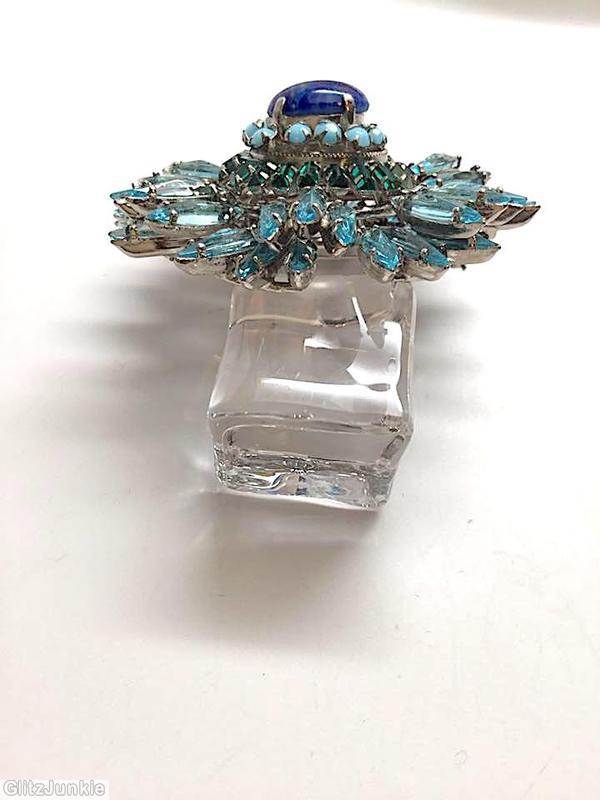 Schreiner navette ruffle pin hook eye domed oval center 2 rounds surrounding stone ice blue navette lapis blue oval cab center opaque baby blue chaton teal baguette silvertone jewelry