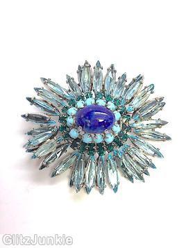 Schreiner navette ruffle pin hook eye domed oval center 2 rounds surrounding stone ice blue navette lapis blue oval cab center opaque baby blue chaton teal baguette silvertone jewelry