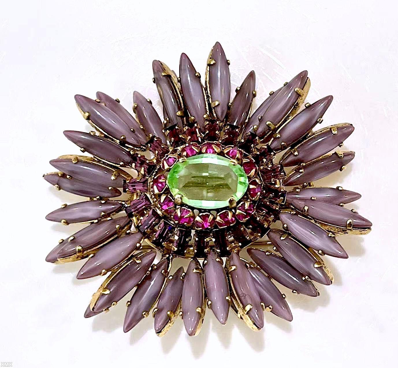 Schreiner navette ruffle pin hook eye domed oval center 2 rounds surrounding stone opaque lavender navette clear apple green faceted large oval center stone fuchsia small inverted stone purple small baguette goldtone jewelry