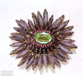 Schreiner navette ruffle pin hook eye domed oval center 2 rounds surrounding stone opaque lavender navette clear apple green faceted large oval center stone fuchsia small inverted stone purple small baguette goldtone jewelry