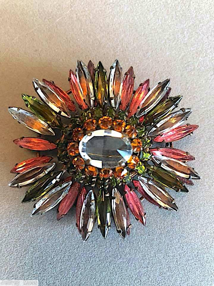 Schreiner navette ruffle pin hook eye domed oval center 2 rounds surrounding stone pink crystal peridot amber copper back jewelry