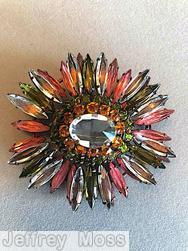Schreiner navette ruffle pin hook eye domed oval center 2 rounds surrounding stone pink crystal peridot amber copper back jewelry
