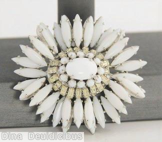 Schreiner navette ruffle pin hook eye domed oval center 2 rounds surrounding stone white crystal jewelry