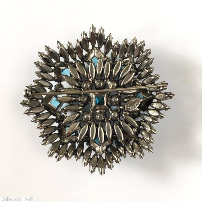 Schreiner navette side flat top radial domed round pin 8 square stone square center blue navette aqua faceted square turquoise small chaton silvertone jewelry